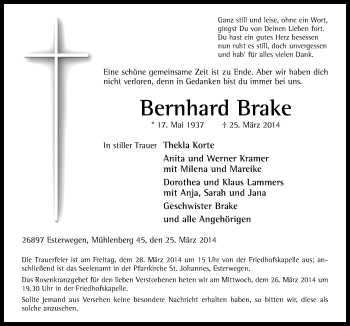 Traueranzeige von Bernhard Brake von Neue Osnabrücker Zeitung GmbH & Co. KG