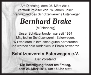 Traueranzeige von Bernhard Brake von Neue Osnabrücker Zeitung GmbH & Co. KG