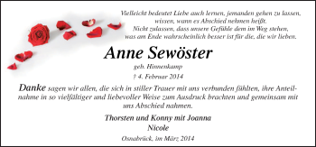 Traueranzeige von Anne Sewöster von Neue Osnabrücker Zeitung GmbH & Co. KG