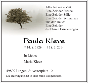 Traueranzeige von Paula Kleve von Neue Osnabrücker Zeitung GmbH & Co. KG