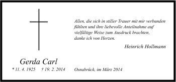 Traueranzeige von Gerda Carl von Neue Osnabrücker Zeitung GmbH & Co. KG