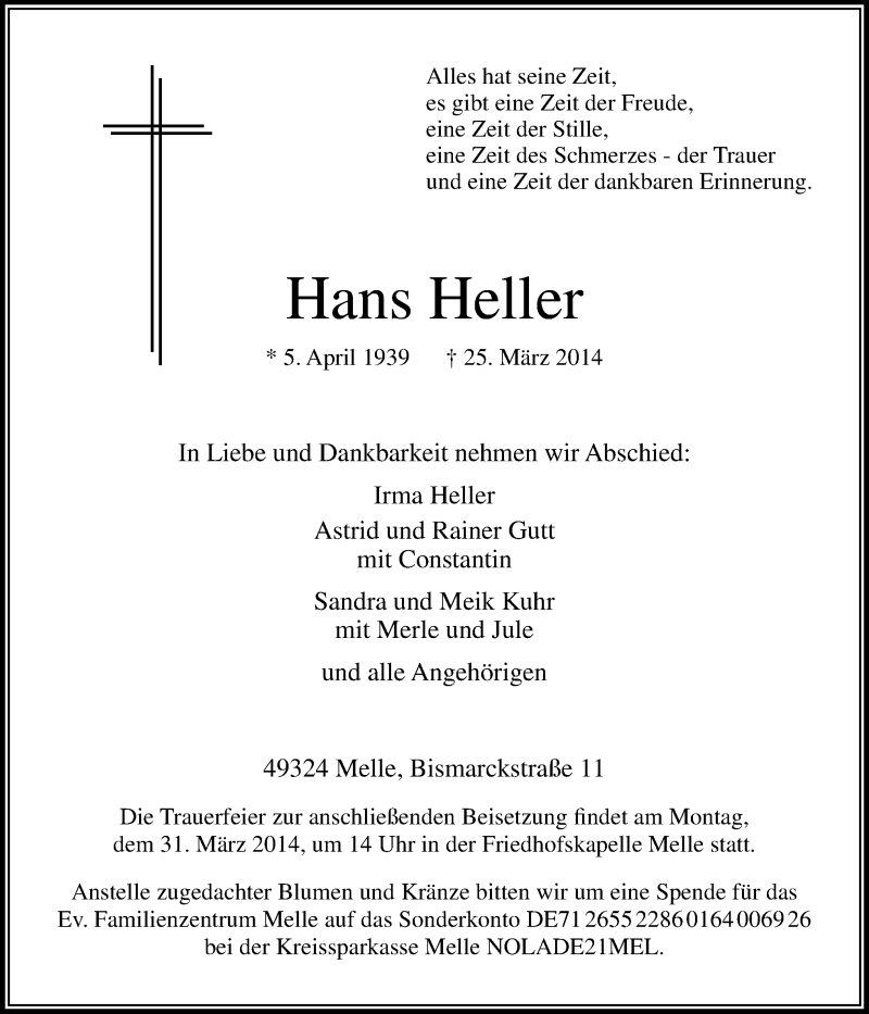  Traueranzeige für Hans Heller vom 27.03.2014 aus Neue Osnabrücker Zeitung GmbH & Co. KG