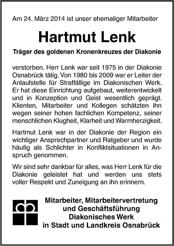  Traueranzeige für Hartmut Lenk vom 27.03.2014 aus Neue Osnabrücker Zeitung GmbH & Co. KG