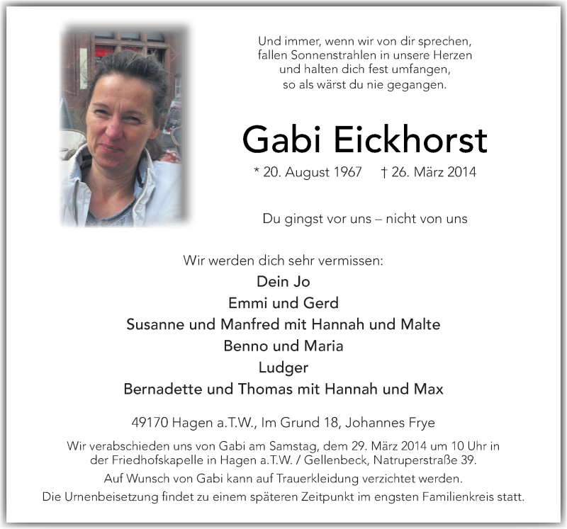  Traueranzeige für Gabi Eickhorst vom 28.03.2014 aus Neue Osnabrücker Zeitung GmbH & Co. KG