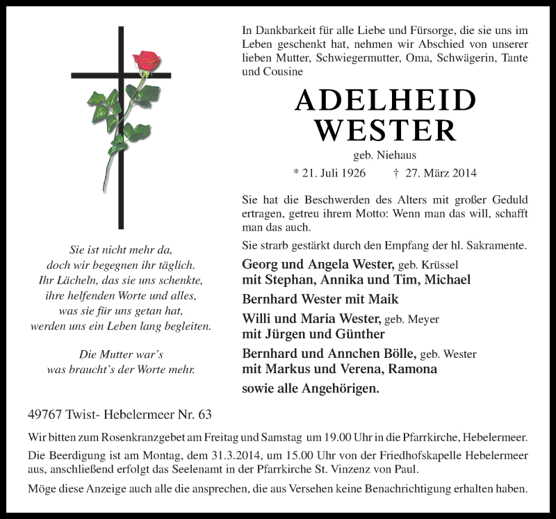  Traueranzeige für Adelheid Wester vom 28.03.2014 aus Neue Osnabrücker Zeitung GmbH & Co. KG