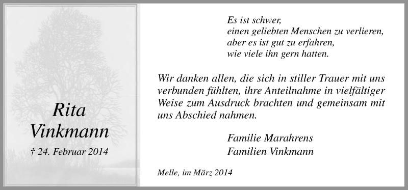  Traueranzeige für Rita Vinkmann vom 29.03.2014 aus Neue Osnabrücker Zeitung GmbH & Co. KG
