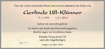 Traueranzeige von Gerlinde Ull-Klünner von Neue Osnabrücker Zeitung GmbH & Co. KG