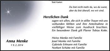Traueranzeige von Anna Menke von Neue Osnabrücker Zeitung GmbH & Co. KG
