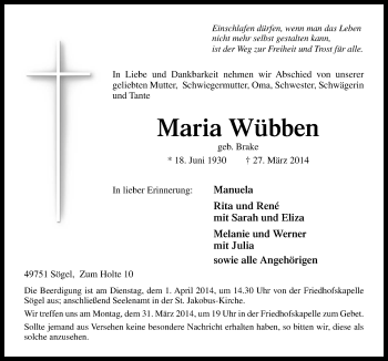 Traueranzeige von Maria Wübben von Neue Osnabrücker Zeitung GmbH & Co. KG