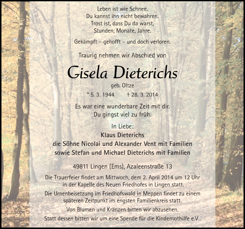  Traueranzeige für Gisela Dieterichs vom 31.03.2014 aus Neue Osnabrücker Zeitung GmbH & Co. KG