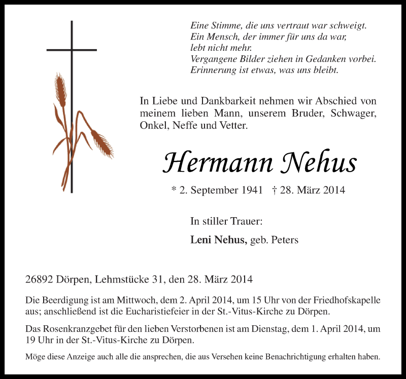  Traueranzeige für Hermann Nehus vom 31.03.2014 aus Neue Osnabrücker Zeitung GmbH & Co. KG
