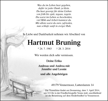 Traueranzeige von Hartmut Bruning von Neue Osnabrücker Zeitung GmbH & Co. KG