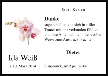 Traueranzeige von Ida Weiß von Neue Osnabrücker Zeitung GmbH & Co. KG