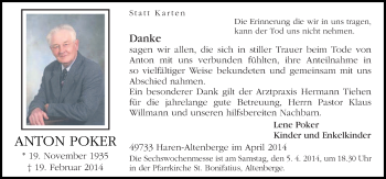 Traueranzeige von Anton Poker von Neue Osnabrücker Zeitung GmbH & Co. KG