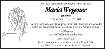 Traueranzeige von Maria Wegener von Neue Osnabrücker Zeitung GmbH & Co. KG