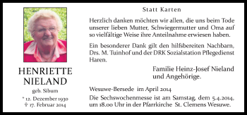 Traueranzeige von Henriette Nieland von Neue Osnabrücker Zeitung GmbH & Co. KG