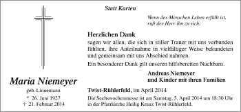 Traueranzeige von Maria Niemeyer von Neue Osnabrücker Zeitung GmbH & Co. KG