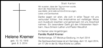 Traueranzeige von Helene Kremer von Neue Osnabrücker Zeitung GmbH & Co. KG