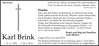 Traueranzeige von Karl Brink von Neue Osnabrücker Zeitung GmbH & Co. KG