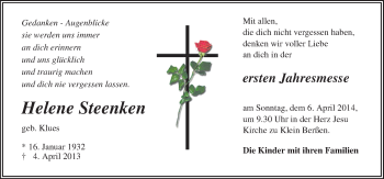 Traueranzeige von Helene Steenken von Neue Osnabrücker Zeitung GmbH & Co. KG