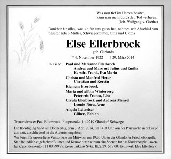 Traueranzeige von Else Ellerbrock von Neue Osnabrücker Zeitung GmbH & Co. KG