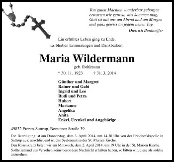 Traueranzeige von Maria Wildermann von Neue Osnabrücker Zeitung GmbH & Co. KG