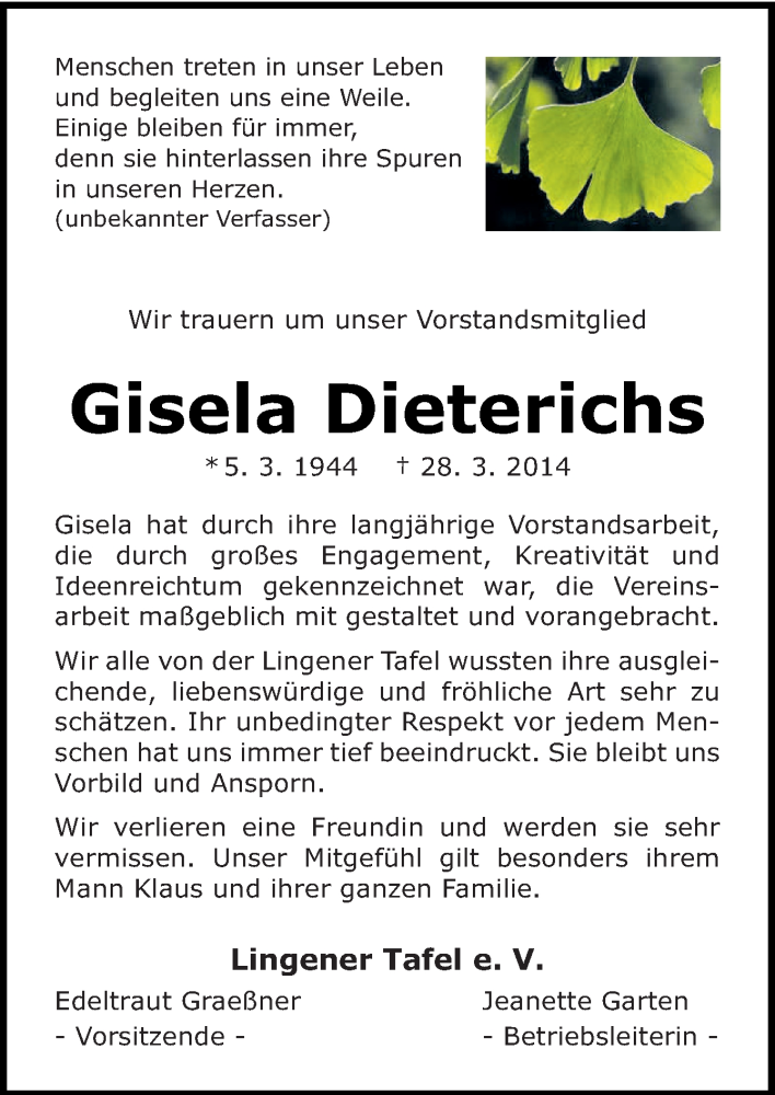  Traueranzeige für Gisela Dieterichs vom 01.04.2014 aus Neue Osnabrücker Zeitung GmbH & Co. KG