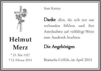 Traueranzeige von Helmut Merz von Neue Osnabrücker Zeitung GmbH & Co. KG