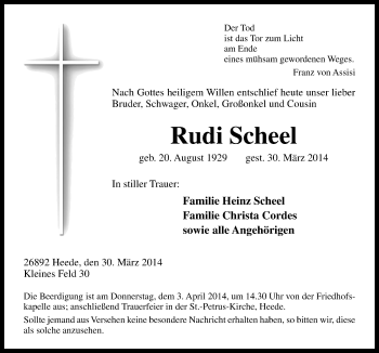 Traueranzeige von Rudi Scheel von Neue Osnabrücker Zeitung GmbH & Co. KG