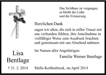 Traueranzeige von Lisa Bentlage von Neue Osnabrücker Zeitung GmbH & Co. KG