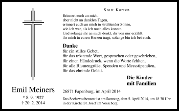 Traueranzeige von Emil Meiners von Neue Osnabrücker Zeitung GmbH & Co. KG