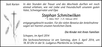 Traueranzeige von Stephan Schmitwilken von Neue Osnabrücker Zeitung GmbH & Co. KG