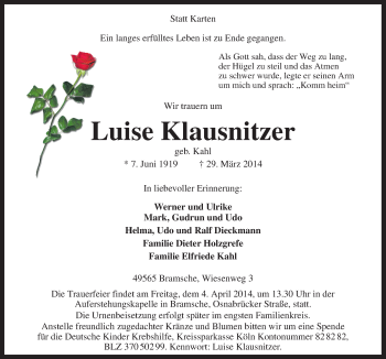 Traueranzeige von Luise Klausnitzer von Neue Osnabrücker Zeitung GmbH & Co. KG