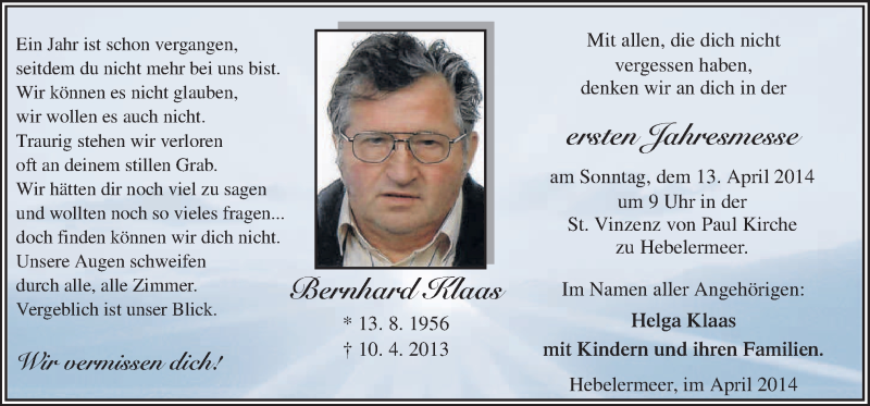  Traueranzeige für Bernhard Klaas vom 10.04.2014 aus Neue Osnabrücker Zeitung GmbH & Co. KG