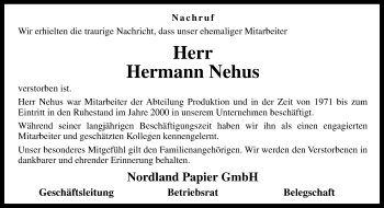 Traueranzeige von Hermann Nehus von Neue Osnabrücker Zeitung GmbH & Co. KG