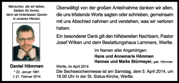 Traueranzeige von Daniel Hömmen von Neue Osnabrücker Zeitung GmbH & Co. KG