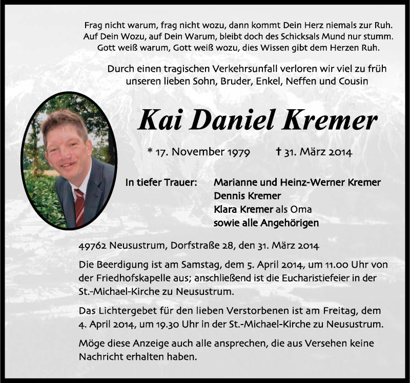 Traueranzeige für Kai Daniel Kremer vom 03.04.2014 aus Neue Osnabrücker Zeitung GmbH & Co. KG