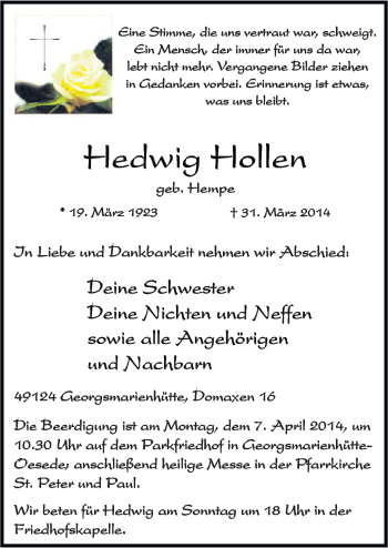 Traueranzeige von Hedwig Hollen von Neue Osnabrücker Zeitung GmbH & Co. KG