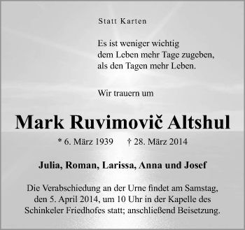 Traueranzeige von Mark Ruvimovic Altshul von Neue Osnabrücker Zeitung GmbH & Co. KG