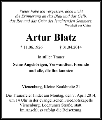 Traueranzeige von Artur Blatz von Neue Osnabrücker Zeitung GmbH & Co. KG