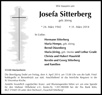 Traueranzeige von Josefa Sitterberg von Neue Osnabrücker Zeitung GmbH & Co. KG