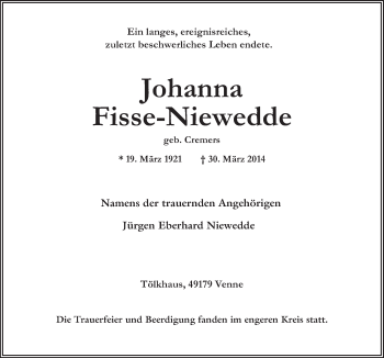 Traueranzeige von Johanna Fisse-Niewedde von Neue Osnabrücker Zeitung GmbH & Co. KG