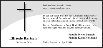 Traueranzeige von Elfriede Bartsch von Neue Osnabrücker Zeitung GmbH & Co. KG