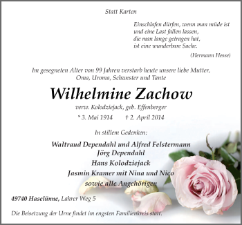 Traueranzeige von Wilhelmine Zachow von Neue Osnabrücker Zeitung GmbH & Co. KG
