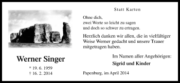 Traueranzeige von Werner Singer von Neue Osnabrücker Zeitung GmbH & Co. KG