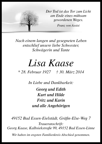 Traueranzeige von Lisa Kaase von Neue Osnabrücker Zeitung GmbH & Co. KG