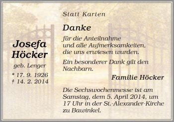 Traueranzeige von Josefa Höcker von Neue Osnabrücker Zeitung GmbH & Co. KG