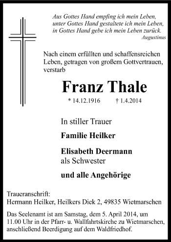 Traueranzeige von Franz Thale von Neue Osnabrücker Zeitung GmbH & Co. KG