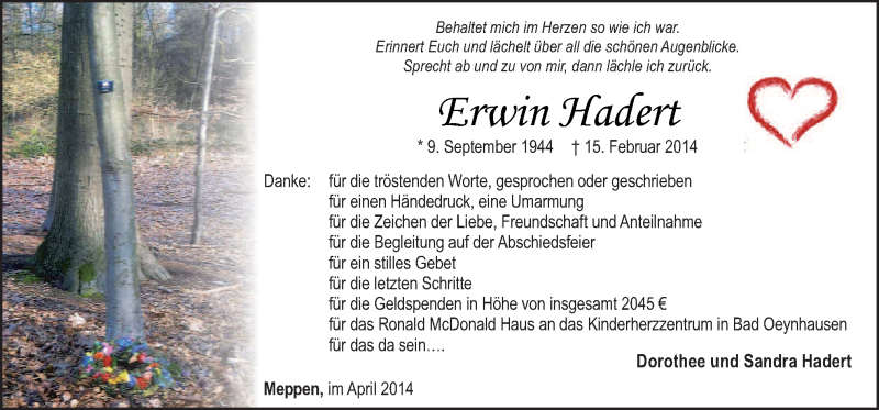  Traueranzeige für Erwin Hadert vom 05.04.2014 aus Neue Osnabrücker Zeitung GmbH & Co. KG