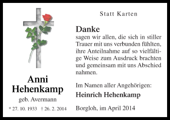 Traueranzeige von Anni Hehenkamp von Neue Osnabrücker Zeitung GmbH & Co. KG